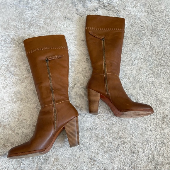 Joie Tall Leather Cognac Exposed Stitch Block Heel Boots - Picture 6 of 12